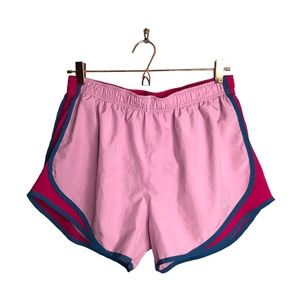 Nike | Two tone pink high rise gym shorts blue trim •